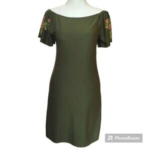 Derek Heart Rose Wide Neck Off Shoulder Dress Sz M Olive Green Pink